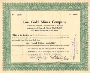 Cori Gold Mines Co. - Stock Certificate